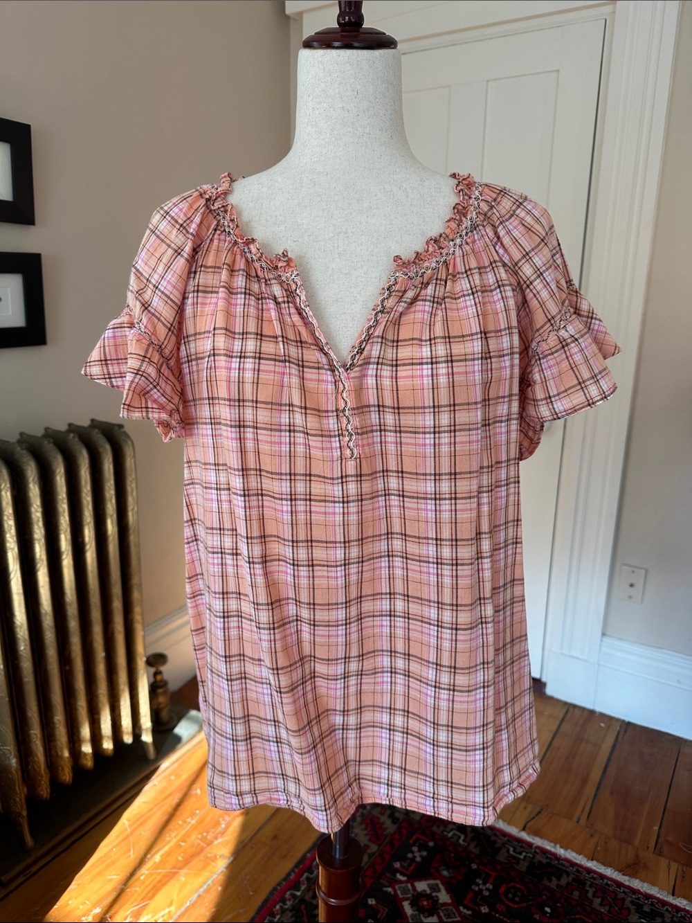 Max Studio Pink Plaid Ruffle Trim Short Sleeve Peasant Top